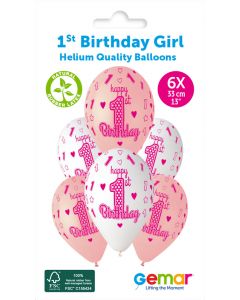 6 Packs of 6 Printed Balloons 1st Birthday Girl #471 GS120 / 33cm - 345889