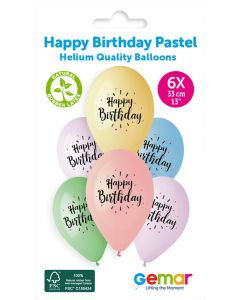 6 Packs of 6 Printed Balloons Happy Birthday Pastel #888 GS120 / 33cm - 345964