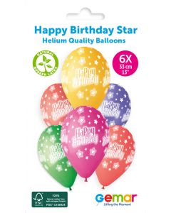 6 Packs of 6 Printed Balloons Happy Birthday Star #1176 GS120 / 33cm - 346008