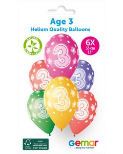 6 Packs of 6 Printed Balloons Cosmic Stars Age 3 #848 GS120 / 33cm - 346053