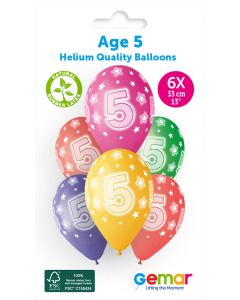 6 Packs of 6 Printed Balloons Cosmic Stars Age 5 #851 GS120 / 33cm - 346077