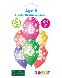 6 Packs of 6 Printed Balloons Cosmic Stars Age 6 #852 GS120 / 33cm - 346084