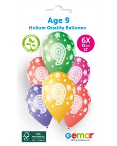 6 Packs of 6 Printed Balloons Cosmic Stars Age 9 #857 GS120 / 33cm - 346114