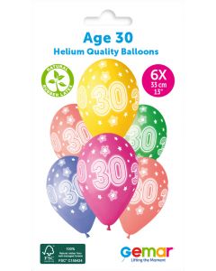 6 Packs of 6 Printed Balloons Cosmic Stars Age 30 #869 GS120 / 33cm - 346176