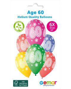 6 Packs of 6 Printed Balloons Cosmic Stars Age 60 #931 GS120 / 33cm - 346206