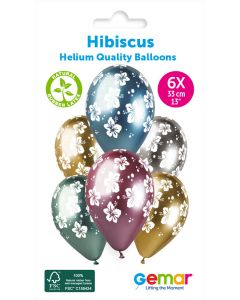 6 Packs of 6 Printed Balloons Hibiscus #728 GBS120 / 33cm - 346282