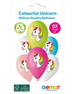 6 Packs of 6 Printed Balloons Colorfull Unicorn #660 GS120 / 33cm - 346404