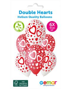 6 Packs of 6 Printed Balloons Double Hearts #086 GS120 / 33cm - 346510